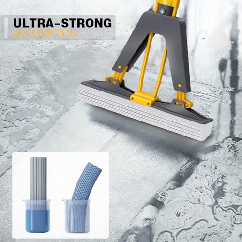 Masthome Sponge Mop,Roller Sponge Mop with 3 Absorbent PVA Mop Refills,Self Squeeze Sponge Mops and Stainless Steel Handle,PVA Sponge Mops for Floor Cleaning - color: Yellow