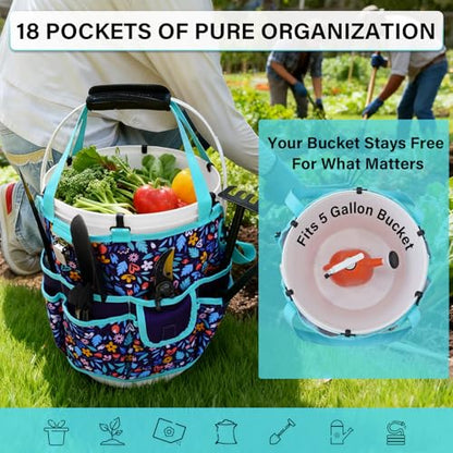 KUNN Bucket Tool Organizer 5 Gallon with Hangable Handle 18-Pocket Detachable Bucket Bag for Tools, Garden Caddy Tote with Pockets, Heavy Duty 600D Polyester Gardening Accessory,Blue - style: Navy Bloom