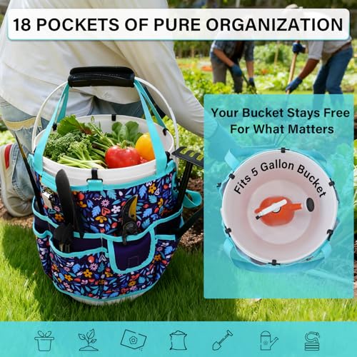 KUNN Bucket Tool Organizer 5 Gallon with Hangable Handle 18-Pocket Detachable Bucket Bag for Tools, Garden Caddy Tote with Pockets, Heavy Duty 600D Polyester Gardening Accessory,Blue - style: Navy Bloom