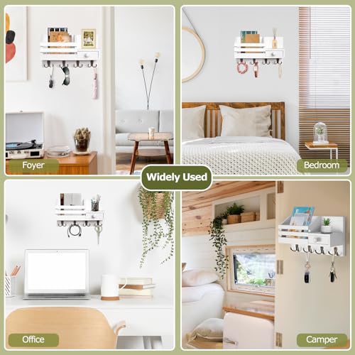 Key Holder Wall Mount, Wooden Adhesive Mail and Key Organizer with Drawer, Small Shelf, 8 Hooks, 2 Installation Methods, White - color: White
