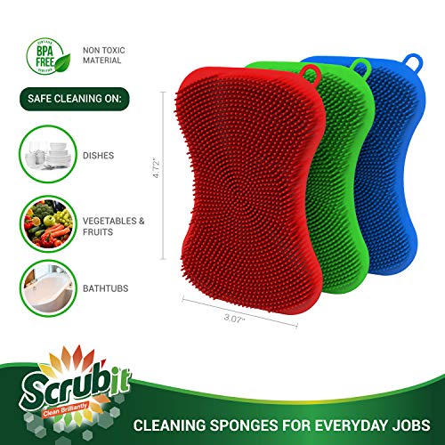 6 Pack Silicone Scrubbing Sponge by SCRUBIT - Real Silicon Non Scratch & Non Smell Kitchen Scrubber Pad for Dishes, Fruit, Vegetable - Reusable Cleaning Sponges - Multi-Colored Pads [Red, Green, Blue]