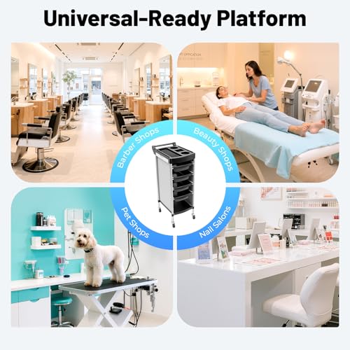 Salon Trolley Cart with Wheels, 6-Tier Beauty S-alon Cart with 4 Drawers, Space-Saving Rolling Salon Versatile Utility Cart, Open Top Floor, 110.23lbs Load-Bearing, Retractable Trays (White+Black) - color: White+black