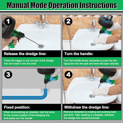 50 Ft Drain Snake, Fast Unclog Snake, Manual & Electric Plumbing Snaker for Shower Sink, Toilet and Kitchen, Drain Auger 50 ft Comes with Gloves and Bag, 1/4 Inch, Green