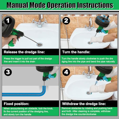 50 Ft Drain Snake, Fast Unclog Snake, Manual & Electric Plumbing Snaker for Shower Sink, Toilet and Kitchen, Drain Auger 50 ft Comes with Gloves and Bag, 1/4 Inch, Green