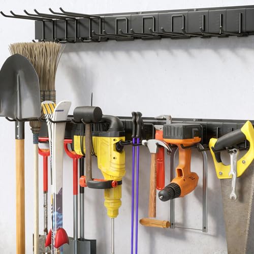 49.5" Garage Tool Organizer Wall Mount, 500lbs Tool Storage Organizer with Adjustable Sliding Hooks, Heavy Duty & Anti-Rust Garden Tools Storage Rack for Hanging Rake Broom/Mower/Snowboard - size: 49.5inch