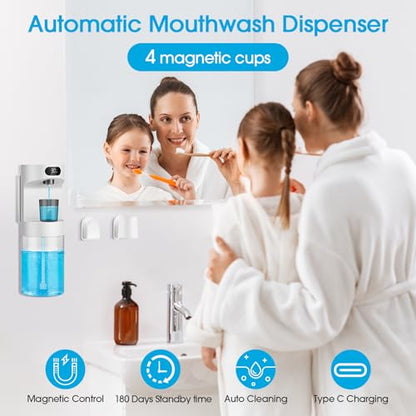 Automatic Mouthwash Dispenser for Bathroom,20.29 oz Touchless Electric Mouth Wash Dispensers Bathroom Accessories Set with 4 Magnetic Cups,4 Modes Wall Mounted Mouth Wash Dispenser for Home - color: White