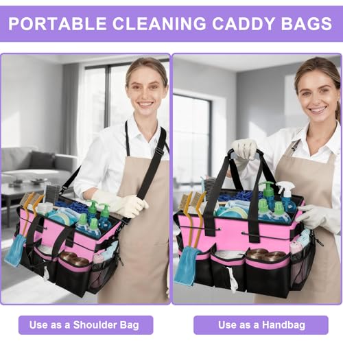 ALSLEA Cleaning Caddy Bag Heavy-Duty Organizer Tote for Housekeepers, Janitors & Home Cleaning Supplies with Adjustable Shoulder Strap & Multiple Pockets (Pink)