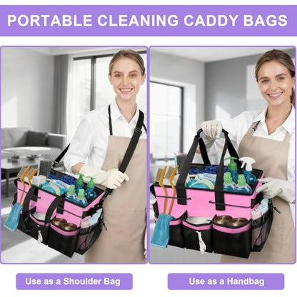 ALSLEA Cleaning Caddy Bag Heavy-Duty Organizer Tote for Housekeepers, Janitors & Home Cleaning Supplies with Adjustable Shoulder Strap & Multiple Pockets (Pink)