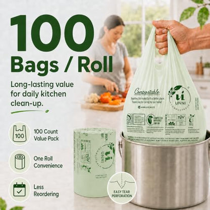 UNNI 1.6 Gallon Compostable Trash Bags with Tie Handles, 200 Count Small Food Scrap Kitchen Compost Bags for Countertop Bin, Certified by BPI, CMA & OK compost HOME, Meets ASTM D6400 - size: 200 Count (Pack of 1), style: 1.6 Gallon