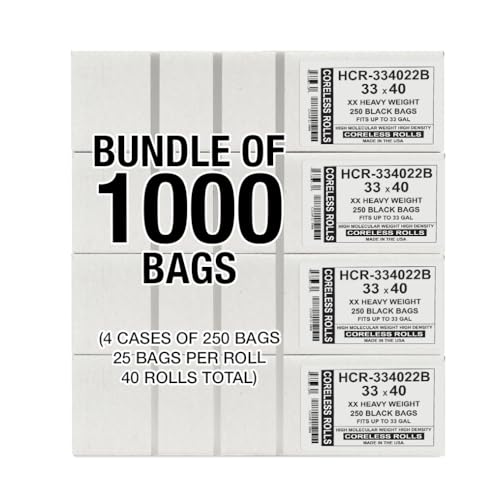 Aluf Plastics High Density Trash Bags, 33 Gallon, 1000 Count, 22 Micron (eq), 33" x 40", Black, for Bathroom, Office, Industrial, Commercial, Janitorial, Municipal, Recycling - color: Black, style: 33 Gal, 22 Micron Equiv, 1,000 Count