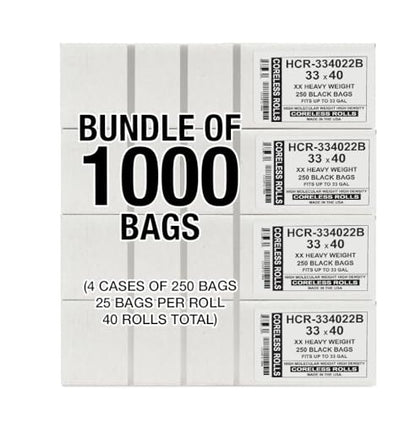 Aluf Plastics High Density Trash Bags, 33 Gallon, 1000 Count, 22 Micron (eq), 33" x 40", Black, for Bathroom, Office, Industrial, Commercial, Janitorial, Municipal, Recycling - color: Black, style: 33 Gal, 22 Micron Equiv, 1,000 Count