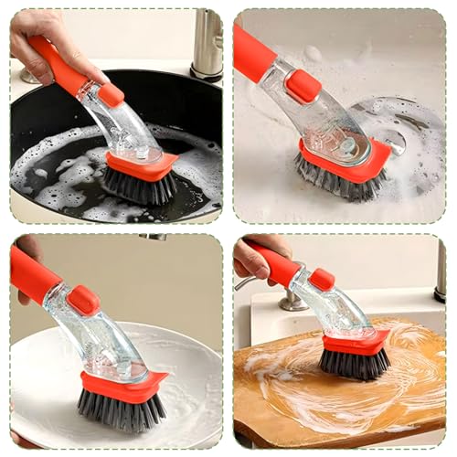 2-in-1 Soap Dispensing Dish Brush with Handle - Kitchen Scrub Brush for Easy Cleaning of Dishes, Pots, Pans, and Sinks (Green) - Efficient and Ergonomic Design Orange - color: Orange