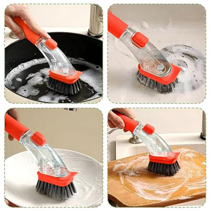 2-in-1 Soap Dispensing Dish Brush with Handle - Kitchen Scrub Brush for Easy Cleaning of Dishes, Pots, Pans, and Sinks (Green) - Efficient and Ergonomic Design Orange - color: Orange