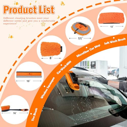 LAANPOLE 12FT Car Wash Brush with Long Handle, Car Cleaning Kit with Soft Bristle Wash Brush, Microfiber Cleaning Mop, Window Squeegee, Mitt, Wheel Brush for RV, Truck, Boat, House Siding - size: 12FT