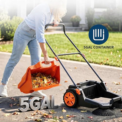 25.6 Inch Manual Push Floor Sweeper, Walk-Behind Hand Push Sweeper with 5-Gallon Bin, Adjustable Folding Handle for Garage, Workshop, Driveway, Patio