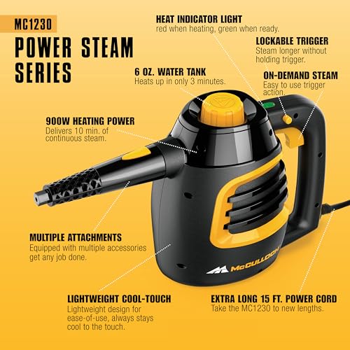 McCulloch MC1230 Handheld Steam Cleaner, 10 Minute Runtime, 11 Accessories: Jet Nozzle, Brushes, & More - Built for Home, Tile, Grout, Carpet, Furniture, & Personal Car Detailing - size: MC1230