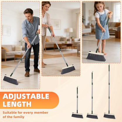 Broom with Dustpan Combo Set, Heavy Duty Standing Metal Dust Pan with Teeth, Indoor Outdoor Up for Home Kitchen Lobby Room Office, Green - color: Green