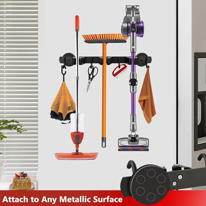 ULIBERMAGNET Magnetic Mop Broom Holder,Heavy Duty Movable Magnetic Broom Holder Rack,Anti-slip Wall Mounted Utility Storage Mop Shovel Hanger for Garage, Kitchen, Laundry, Garden(3 Racks / 4 Hooks) - style: 1 SET 3 Slot / 4 Hooks Magnetic Mop Rack