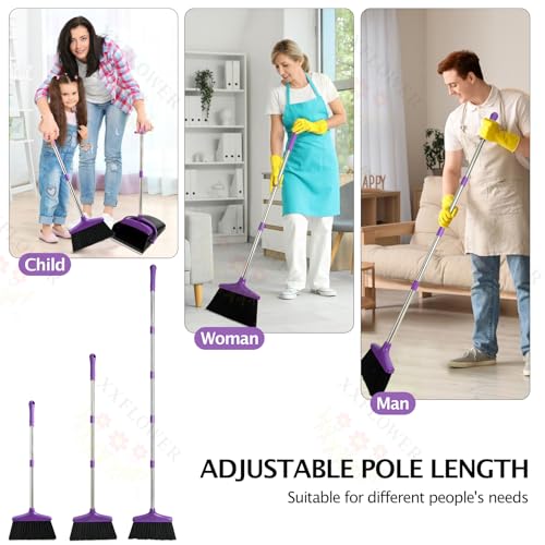 Broom and Dustpan Set with Long Handle, Light Weight Stainless Steel Poles Stand Upright Dustpans with Broom Combo for Home Kitchen Office Pet Dog Hair, 1-Pack (Purple) - color: Purple