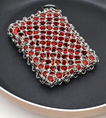 2026 Upgrade 316 Stainless Steel Pan Cleaner,4.5 Inch Triple-Ring Chain Mail Scrubber with Silicone Core, Cast Iron Pot Brush for Easier Removal of Stubborn Oil Stains & Food Residue-Red - color: Red
