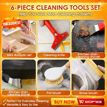 Broom and Dustpan Set with Long Handle, Upright Standing Self-Cleaning Combo, Windproof Dustpan with 6 Bonus Cleaning Tools for Pet Hair, Home, Kitchen, Garage & Apartment - color: Orange&black