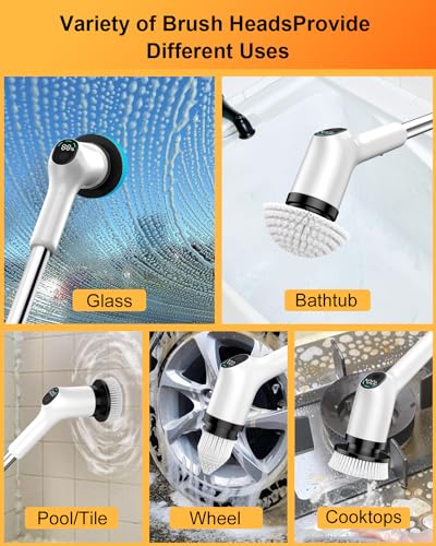 Electric Spin Scrubber, 2024 Upgrade Cordless Shower Scrubber with 8 Replaceable Brush Heads and 3 Adjustable Speeds, LED Display and Extension Handle,Power Cleaning Brush for Bathroom Tub Grout Floor