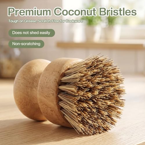 Wooden Dish Brush with Metal Stand Handheld Bamboo Wok Brush Scrubber for Dishes Pans Pots Fruit and Veggie Washing(1,Beige Brown) - color: Beige Brown