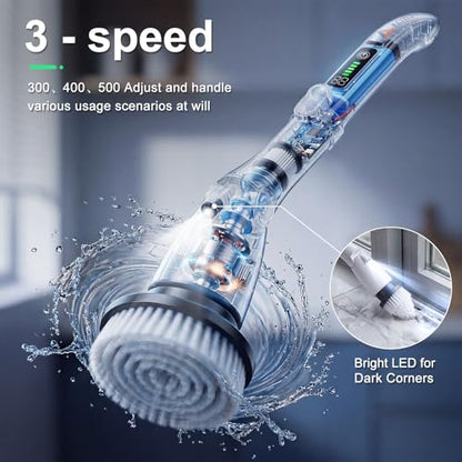 Electric Spin Scrubber, Power Cleaning Brush with 3 Speed Modes LED Light, 7 Replaceable Heads Cordless Shower Scrubber, Long Handle Extendable Scrubber for Bathroom, Floor, Tub, Tile, Grout