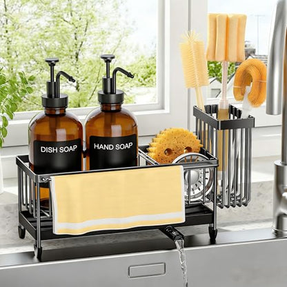 Kitchen Soap Dispenser Set with Sponge Holder and Towel Rack, 17OZ Glass Bottle, Hand and Dish Soap Dispenser Set, Non-Slip Silicone Pad, Brush Holder, Kitchen Sink Caddy Organizer Countertop (Amber) - color: Amber