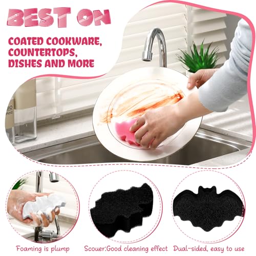 Tioncy 12 Pack Bat Kitchen Sponges Bulk Dual Sided Scrubber Sponges Dishwashing Non Scratch for Bat Kitchen Accessories Dish Scouring Black, White, Pink - color: Black, White, Pink, style: Bat