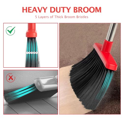 Broom and Dustpan Set with Long Handle, Heavy Dust Broom and Dustpan Combo for Home，Kitchen, Office, Pet Hair (Black Red) - color: Red Black 1-pack