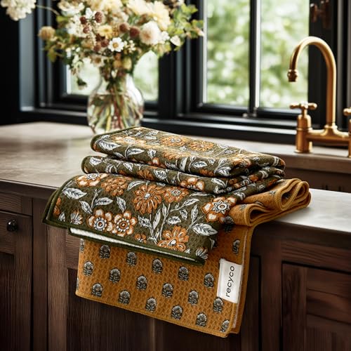 RECYCO Waffle Kitchen Towel Set of 2 - Quick Dry Microfiber Sustainable Dish Towels - Ultra Absorbent Reusable Cleaning Tea Towels - Lightweight Hand Towels,16”x 28”, Amber Flora - color: Amber Flora
