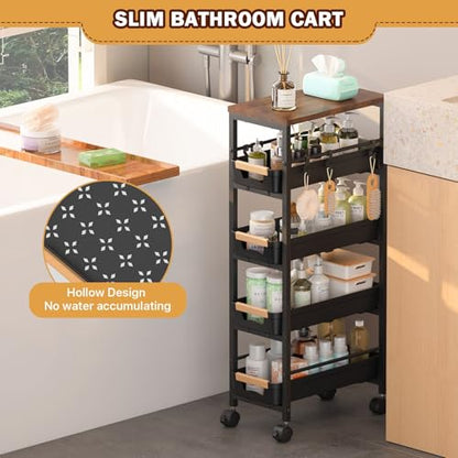 SUNALLY Slim Storage Cart with Pull-Out Baskets, 5-Tier Rolling Kitchen Cart with Wooden Top & Lockable Wheels, Narrow Space Utility Cart Organizer for Kitchen, Bathroom, Laundry Room, Black - color: Black