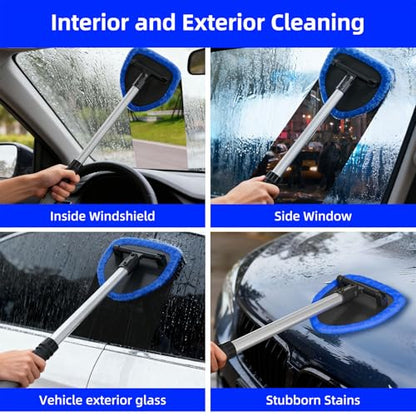 Windshield Cleaner Tool with Extendable Aluminum Handle (Up to 19.7"), Streak-Free Auto Glass Cleaning Kit with 4 Thick Microfiber Pads & Spray Bottle, Inside Window Defogger Accessories - color: Blue