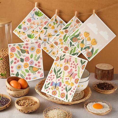 6 - Pack Swedish Kitchen Dish Cloths - Reusable Paper Towels for Counters & Dishes - Eco Friendly Cellulose Sponge Cloth (Broken Flowers) - color: H-broken Flowers