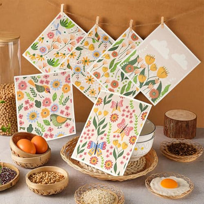6 - Pack Swedish Kitchen Dish Cloths - Reusable Paper Towels for Counters & Dishes - Eco Friendly Cellulose Sponge Cloth (Broken Flowers) - color: H-broken Flowers
