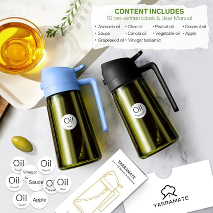YARRAMATE 16oz/470ml Dark Green Oil Sprayer for Cooking with Stickers, Food-grade Premium 2 in 1 Olive Oil Dispenser Bottle for Kitchen Gadgets, Air Fryer, Salad, Frying, BBQ (SkyBlue) - color: 08_SkyBlue