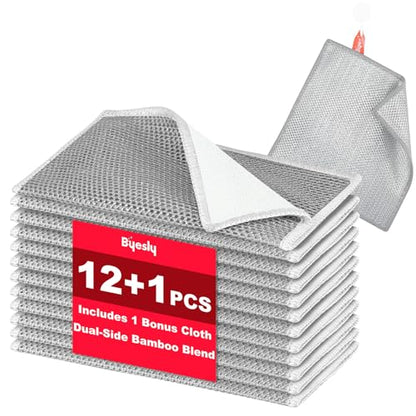 Non-Scratch Silver Mesh Dish Cloths, 12+1 Pack Bamboo Fiber & Wire Metallic Fiber Cleaning Cloths for Kitchen, Diamond Weave Scrubber Pads for Dishes, Sinks & Cookware (7.87x7.87 Inches) - style: Bamboo & Silver Mesh