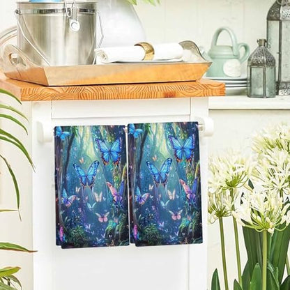 Blue Butterfly Kitchen Towels Set, Ultra Absorbent Dish Towels Quick Drying Microfiber Hand Towel Decorative Large Modern Art Forest Butterflies Tea Towel Dishcloths for Kitchen Cleaning 18"x28" - size: 1 Pack
