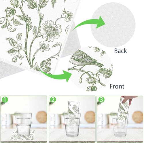Swedish Dishcloths for Kitchen, 6PCS Sage Green Floral Birds Cellulose Sponge Reusable Paper Towels Washable, Greenery Absorbent Fast Drying Swedish Dish Cloth for Home Cleaning - style: Green Flower