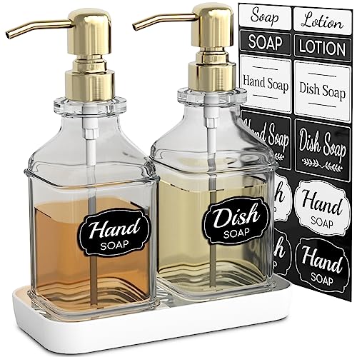 LMQML Soap Dispenser - 2 Pack, Antique Design Thick Glass Hand Soap Dispensers with Sturdy Tray; 304 Rust Proof Stainless Steel Pump, 12Pcs Stickers, for Kitchen, Bathroom - color: Gold