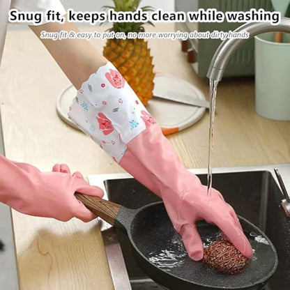 1 Pair Rubber Gloves, Reusable | Waterproof, Wavy Edged Extended Cleaning Gloves, Suitable For Daily Household Cleaning Use (Pink)