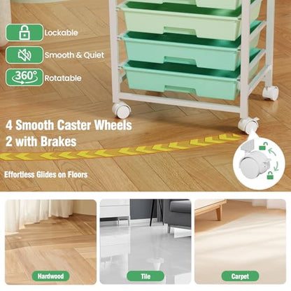 Rolling Storage Cart with 8 Drawers & Wooden Tabletop, Utility Cart On Wheels for Craft Storage, Home, School, Bedroom, Living Room, Dorm, Office, Classroom Storage Organizer Cart, Green, White