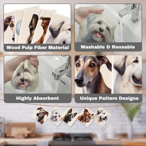 5 Pcs Cute Doggy Swedish Dishcloths, Pyrenean Mountain Dog & Greyhound Swedish Dishcloth, Staffordshire Bull Terrier Dish Cloths for Drying Dishes, Reusable Cleaning Cloths, Dog Lover Gifts for Women - color: Lm 03427