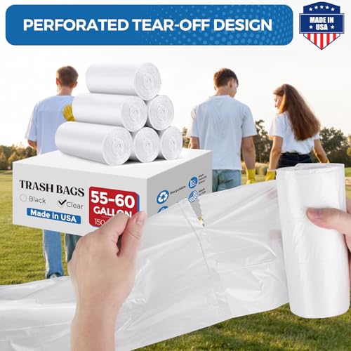 Fuxury 55-60 Gallon Heavy Duty Trash Bags, 100 Count Clear Garbage Bags, 23 Mic Thick, 38x58 in, Star-Seal Bottom, Plastic Bags Ideal for Home, Yard & Commercial Use, Made in USA - color: 60Gal-100Ct(Clear)