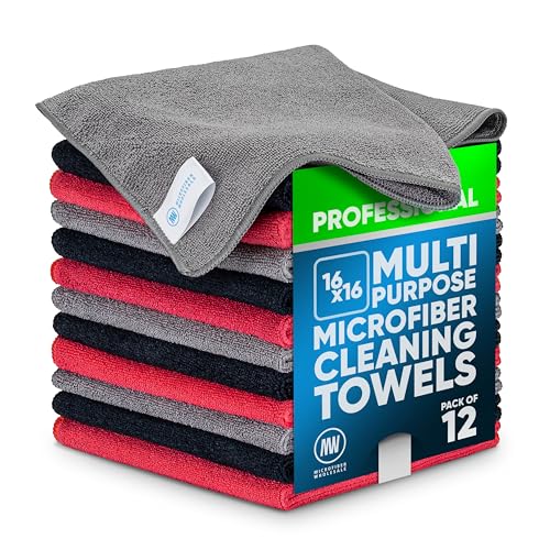 MW Pro Microfiber Cleaning Cloth | Black, Red, Gray (12 Pack) | Size 16" x 16" | All Purpose Microfiber Towels - Clean, Dust, Polish, Scrub, Absorbent - color: Black, Red, Gray