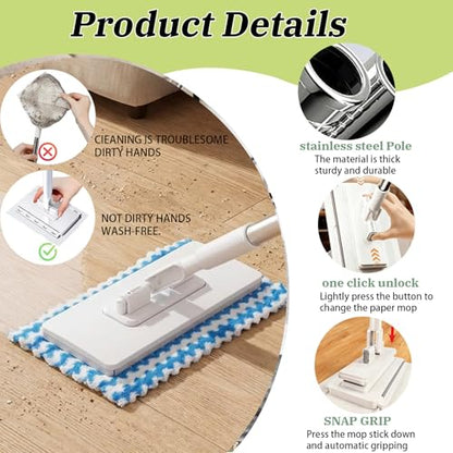 Quick Grip Mini Mop, Zero Touch MiniMop, Disposable Clip Mopstick Reusable Cloths, Retractable Gap Dust Cleaner Flat Mops with Locking Head & Sweeping Cloths (1*mop+10*Cloth)