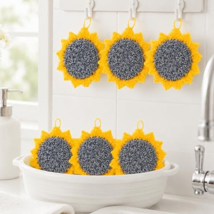 Breling 6 Piecs Fun Sunflower Shape Dish Sponge Gifts Dual Sided Non Scratch Dish Washing Scrubbers, Reusable Household Cleaning Kitchen Tools for Dishwashing Cookware Spring Kitchen Decor - style: Sunflower