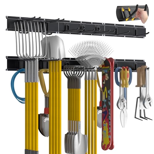 Garage Tool Organizer Wall Mount with 48 inches Rails and 7 Adjustable Heavy-Duty Hooks, Garden Tool Organizer, 10 Pack Carries 440 lbs, Heavy Duty Garage Storage Rack For Yard, Shed, Easy to install - size: 48 inch with 3 Panels & 7 Hooks
