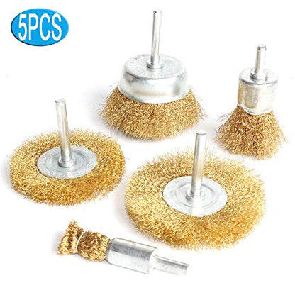 FPPO 5pcs Brass Wire Wheel Brush Kit for Drill,Crimped Cup Brush with 1/4-Inch Shank ,0.13mm True Brass Wire,Soft Enough to Cleaning or Deburring with Less Scrach